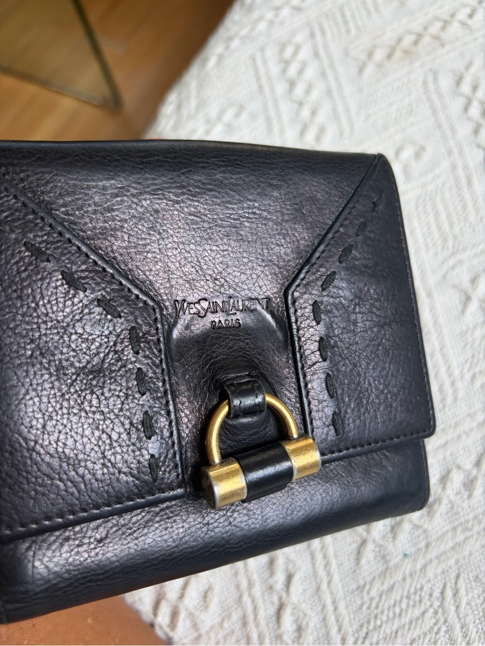 Vintage Yves Saint Laurent YSL Black Leather Wallet Gold Hardware